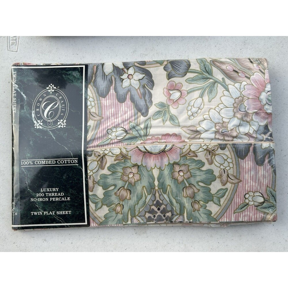 NOS - Vintage Crown Crafts "Milan" Flat Sheet w/Floral Design-Twin Size